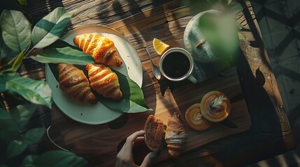 Breakfast with croissants leaves cutting board and black coffee composition with girl hand on wooden retro background Flat lay top view : Generative AI - obrazy, fototapety, plakaty