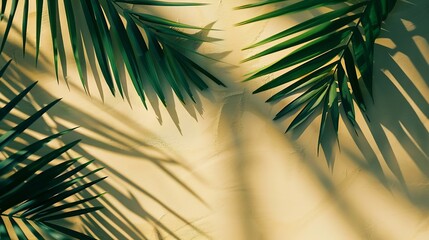 Top view of green tropical leaves and shadows on sand color background Flat lay Minimal summer concept with palm tree leaf Creative copyspace with paper frame : Generative AI