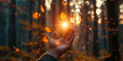 A hand is holding a bunch of leaves in the air, with the sun shining on them - Powered by Adobe