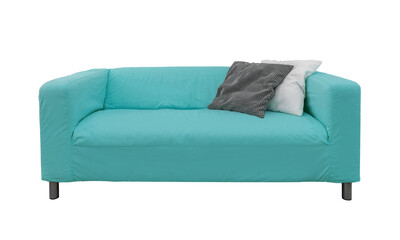 Aquamarine fabric sofa photo. Interior cozy sofa with pillows isolated on a white background.