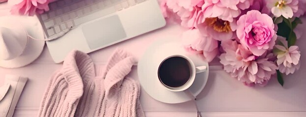 Feminine Elegance: Stock images feature an International Women's Day theme with a stylish peonies flat lay. 4K Video