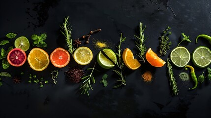 Flat lay arrangement of colorful citrus slices fruit juices lemongrass herbs and spices on dark...