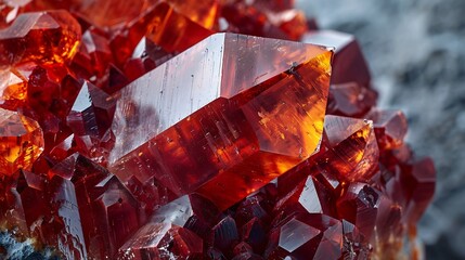 Close up detail textured red Moroccan vanadinite crystal on gray background : Generative AI