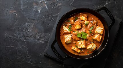 Paneer butter masala Indian style cottage cheese curry in cast iron pan on black stone background Top view flat lay : Generative AI