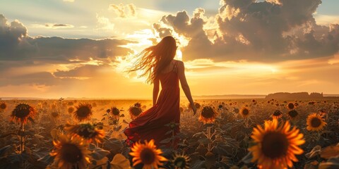 A woman in a red dress is walking through a field of sunflowers