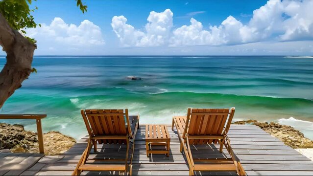 Serene Seascape: Dual Chairs Facing the Blue Tranquility. Concept Seascape Photography, Beach Chairs, Blue Ocean View, Serene Atmosphere, Relaxing Setting