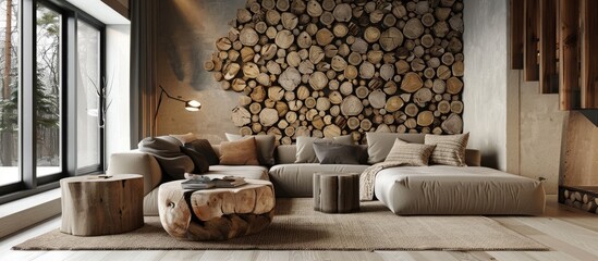 Wood log textured wallpaper in a warm dining area of a white open-layout apartment with a sofa, carpet, and tree stump decorations.
