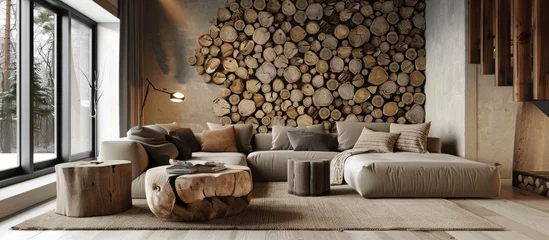 Poster Wood log textured wallpaper in a warm dining area of a white open-layout apartment with a sofa, carpet, and tree stump decorations. © Vusal