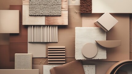 Elegant  flat lay composition in brown and beige color palette with textile and paint samples lamella panels and tiles Architect and interior designer moodboard Top view Copy space : Generative AI