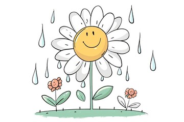 Cartoon cute doodles of a smiling flower happily drinking raindrops with its petals, Generative AI