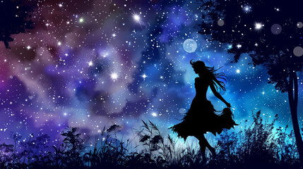 Fototapeta na wymiar The silhouette of a slender young beautiful girl in the dark night starry sky
