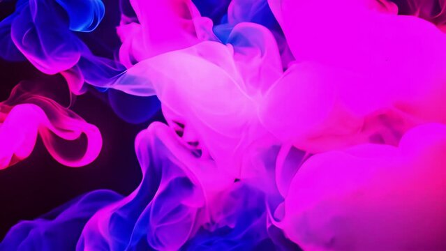 Atmospheric Neon Smoke Abstract Color Background. Pink and blue thin lines smoke on black background 4k video effect glowing