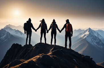 Together overcoming obstacles with four people holding hands on top of a mountain, celebrating success and achievements