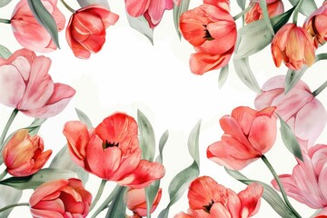 Watercolor tulip clipart in different shades of pink, red, and orange. flowers frame,botanical border, Wildflowers, Spring and Summer Floral, Leaves, Branches. Botanical Plant Illustration.