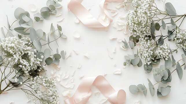Styled stock photo Feminine wedding desktop mockup with babys breath Gypsophila flowers dry green eucalyptus leaves satin ribbon and white background Empty space Top view Picture for b : Generative AI