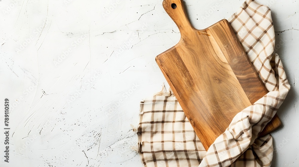 Poster Empty wooden cutting board and tablecloth on white stone table Top view copy space : Generative AI