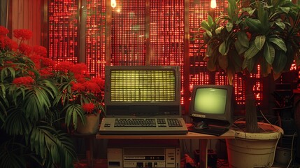 Retro computer setup in nostalgic environment: Vintage computer systems against a patterned red backdrop, evoking a nostalgic feel with retro technology and design