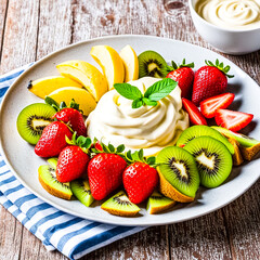 Illustration of a summer fruit plate of kiwi, strawberries and bananas, photo style