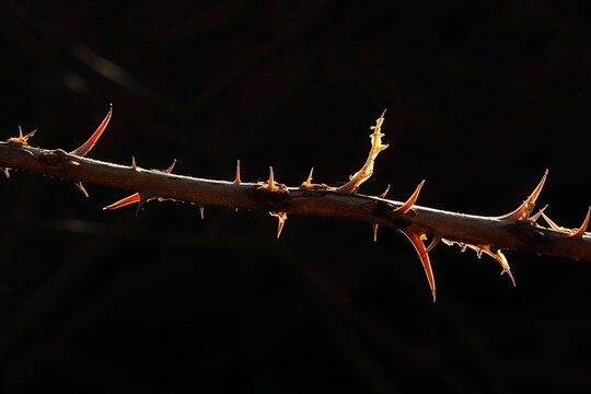 A piece of bramble shot with the light coming from the rear highlighting the thorns, with a black background. .