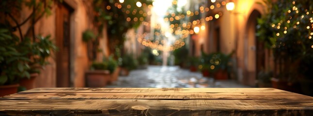Wooden table and blurry background of a small cobble street with festive lights green plants, old town with festive light plants and flowers and an empty table for displaying products, AI generated