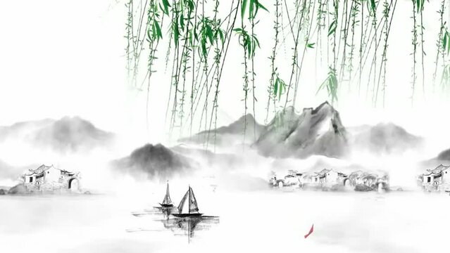 China's traditional Oriental Digital Art Animation, Chinese painting ink in mountain with flowers, tree, birds, river in fog background artwork. Chinese landscape, scenery artwork, misty mountains