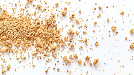 Bread crumbs  isolated on white background Splash of crumbs Top view Pattern Flat lay : Generative AI - Powered by Adobe