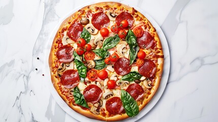 Top view of pizza topped with pepperoni tomato roasted garlic mushroom and spinach on a marble...