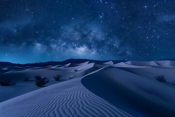 : A peaceful desert night, with rolling sand dunes and a clear view of the star-filled sky. The cool night air creates a subtle contrast to the warm sand.