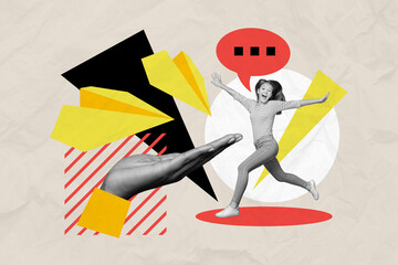 Composite photo collage of hand palm young girl run communicate send paper plane meeting...