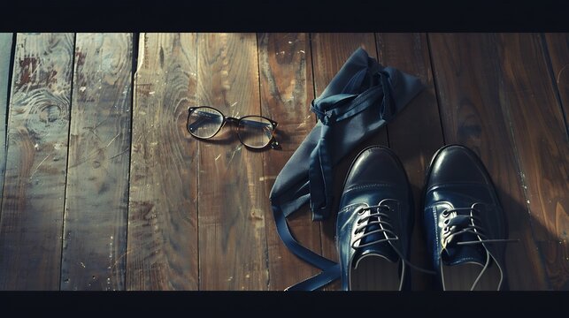 Composition with stylish school uniform shoes eyeglasses and tie on wooden background : Generative AI