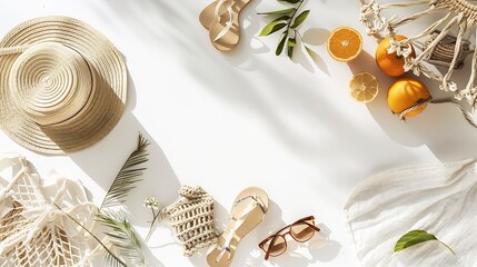 Summer mood layout Flatlay of summer natural espadrillas and sandals straw sunhat beach rafia and net bag beach towel sunglasses and fresh fruit over white plain background top view co : Generative AI