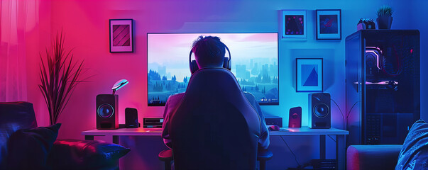A back view of the man playing game on the tv or computer in the night. Gamer with controller play  video game on computer in work space. - obrazy, fototapety, plakaty