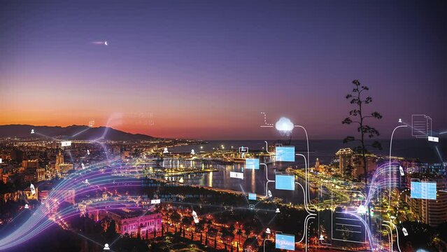 Port in Malaga, Spain is a transportation, business, and data center - graphic concept