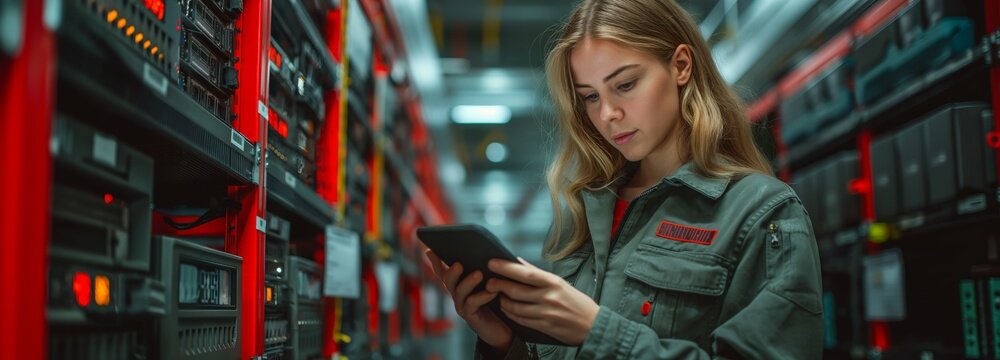 The technical specialist is actively engaged in checking and analyzing effectiveness of network systems in the data center, looking for opportunities to improve and optimize them. Wide Format Banner