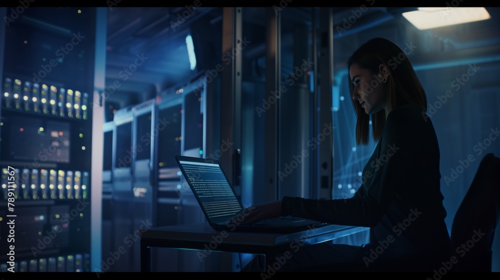 Poster In a dark server room, a programmer is busy with a laptop. A female engineer in a data center implements and maintains cloud storage infrastructure, ensuring its stable and uninterrupted operation.