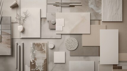 Stylish  flat lay composition in beige and gray color palette with textile and paint samples panels...