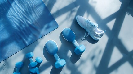 Sport or workout concept flat lay with blue dumbbells sneakers yoga mat on the grey background Copy space : Generative AI - Powered by Adobe