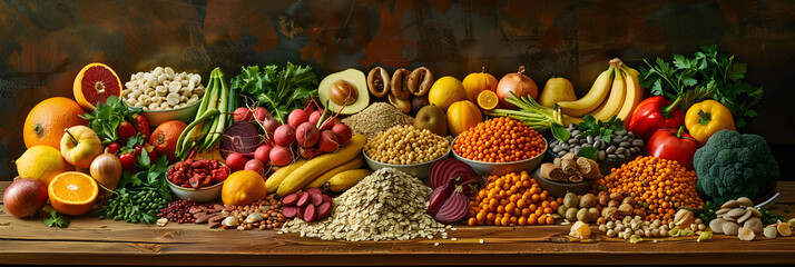 Variety of Prebiotic Foods Arranged on a Rustic Wooden Table