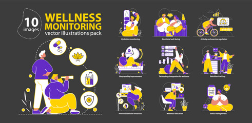 Wellness Monitoring set Harmonious health management through proactive tracking of hydration, sleep, fitness, and nutrition Illustrates lifestyle balance Vector illustration
