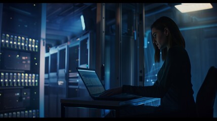 In a dark server room, a programmer is busy with a laptop. A female engineer in a data center implements and maintains cloud storage infrastructure, ensuring its stable and uninterrupted operation.