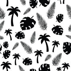 Vector Flat Style Silhouette Palm Leaves and tree Seamless Pattern on White Background. Silhouette Leaves Texture. Tropical palm leaves, jungle leaves seamless vector floral print textile background