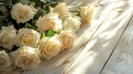 White roses on a white wooden table