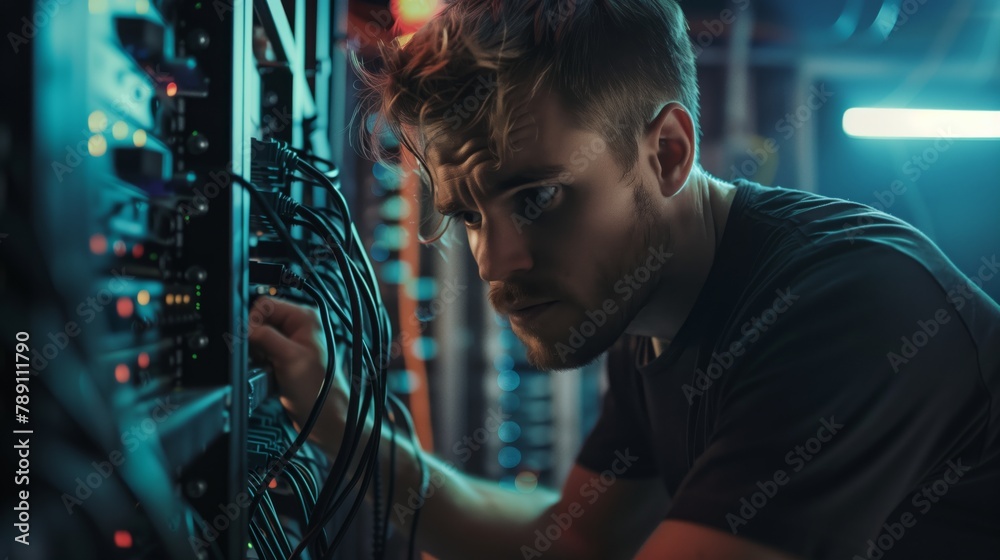 Aufkleber A software technician in a data center identifies and solves complex technical problems in the software, ensuring that it works reliably and efficiently. A man sets up a server