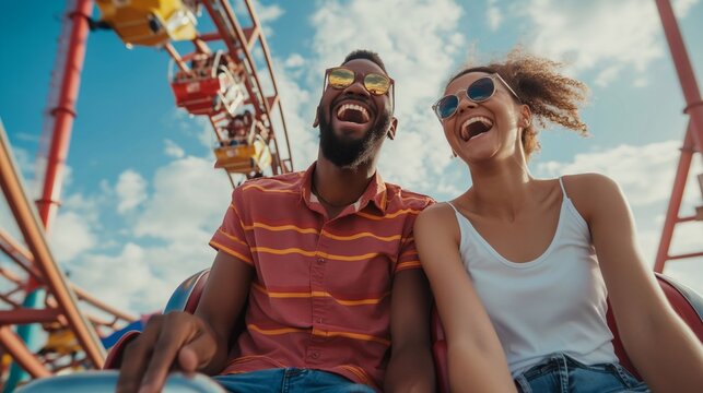 the entertaining process of riding a roller coaster to make people happy and let them express their emotions. carefree weekend happy people day