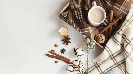 Autumn flat lay composition Brown plaid and wooden box with candle decorations cotton cinnamon sticks coffee cup on white background Hygge cozy home comfort concept : Generative AI