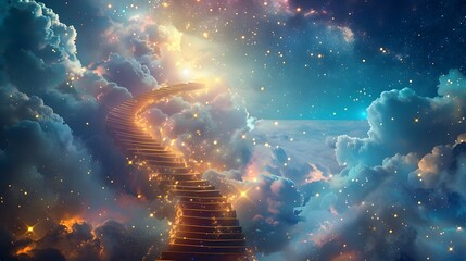 An abstract artistic representation of a staircase spiraling upwards into the sky, blending surreal elements with a sense of infinite possibilities.