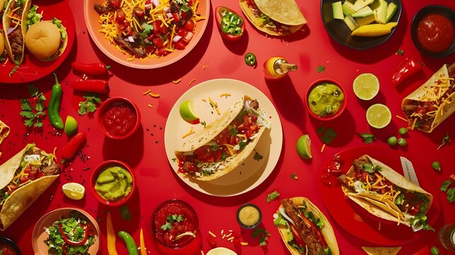 Mexican food featuring tacos burritos burgers and more Flat lay over red : Generative AI