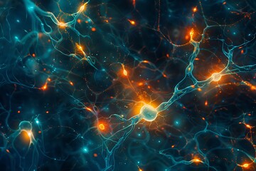 : A network of glowing neural pathways within a quantum computer, pulsing with vibrant blues and...
