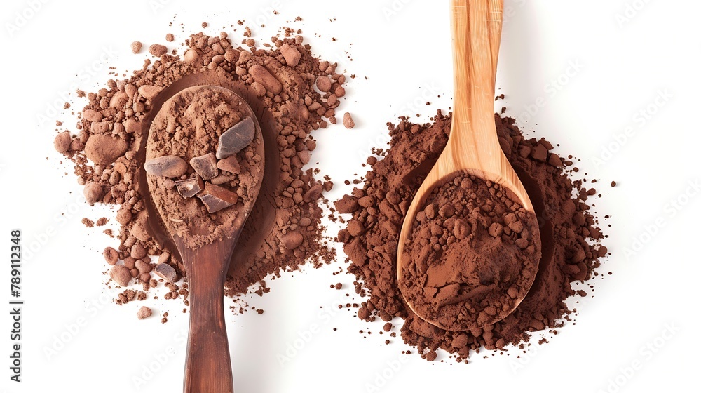 Aufkleber Cocoa drink and cocoa powder in wooden spoon isolated on white background Top view Flat lay : Generative AI