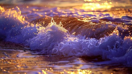 sea wave close up at sunset in the rain low angle view : Generative AI